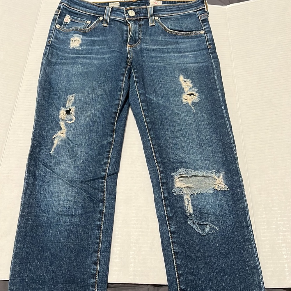 AG jeans ‘Stevie ankle’ slim straight ankle blue ripped jeans. Size 27R